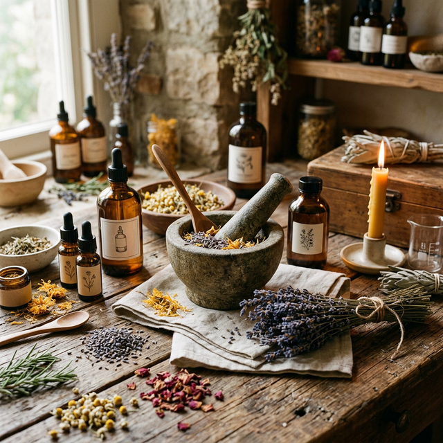 Ingredientes naturales de skincare y frascos ámbar sobre superficie de madera rústica