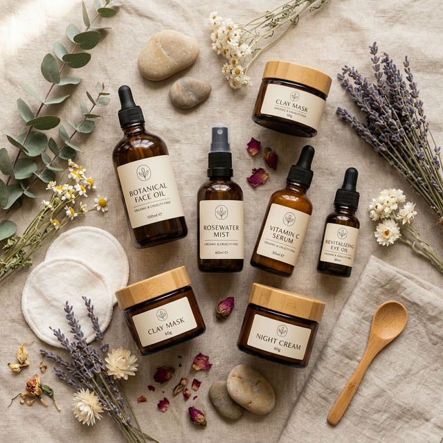 Vista cenital de frascos de skincare natural con ingredientes botánicos