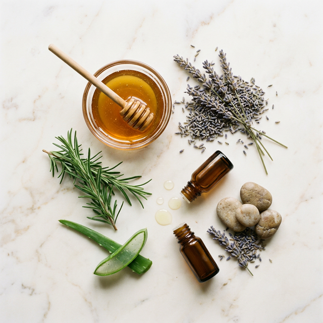 Ingredientes naturales de skincare dispuestos artísticamente